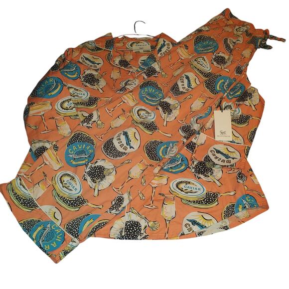 NEW PrintFresh Size L Champagne & Caviar PJ Top NWOT Pants Set Cotton Salmon - Picture 2 of 14